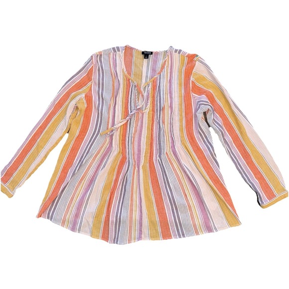 a.n.a Tops - a.n.a Woman Large Shirt Rainbow Striped Tassels Pleated Long Sleeve Blouse Boho